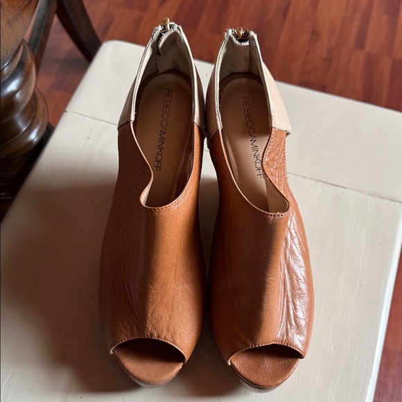 Rebecca Minkoff Brown Peep Toe Mules 7.5 wedge sandals heels - Picture 1 of 5